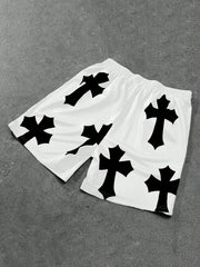 Men's Loose Fit Streetwear Cross Printed Drawstring Shorts