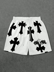 Men's Loose Fit Streetwear Cross Printed Drawstring Shorts