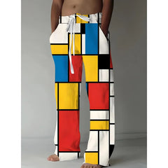 Mens Drawstring Trousers Relaxed Comfortable Geometric Patterned Loose Fit Pants With Elastic Waist Casual Summer Daily Wear
