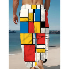 Mens Drawstring Trousers Relaxed Comfortable Geometric Patterned Loose Fit Pants With Elastic Waist Casual Summer Daily Wear