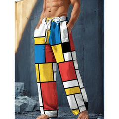 Mens Drawstring Trousers Relaxed Comfortable Geometric Patterned Loose Fit Pants With Elastic Waist Casual Summer Daily Wear