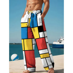 Mens Drawstring Trousers Relaxed Comfortable Geometric Patterned Loose Fit Pants With Elastic Waist Casual Summer Daily Wear
