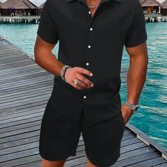 Men's Casual Two-Piece Summer Outfit - Solid Color Shirt & Shorts
