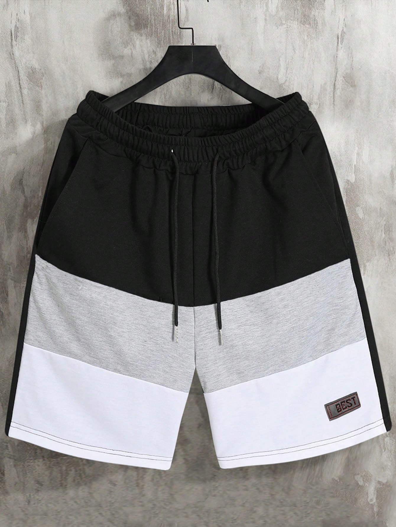 Men Casual Color Block Letter Patched Detail Drawstring Waist Shorts For Summer