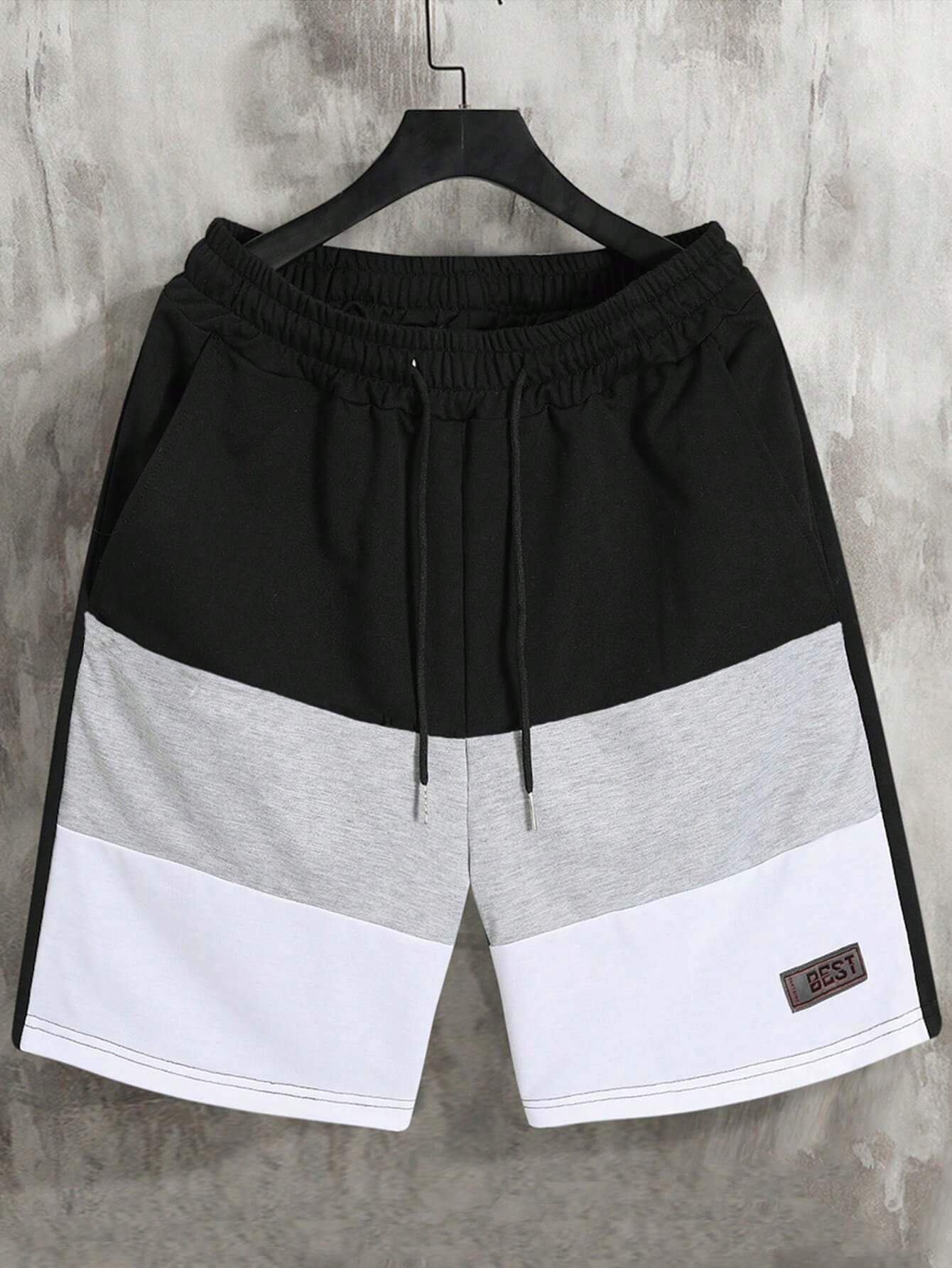 Men Casual Color Block Letter Patched Detail Drawstring Waist Shorts For Summer