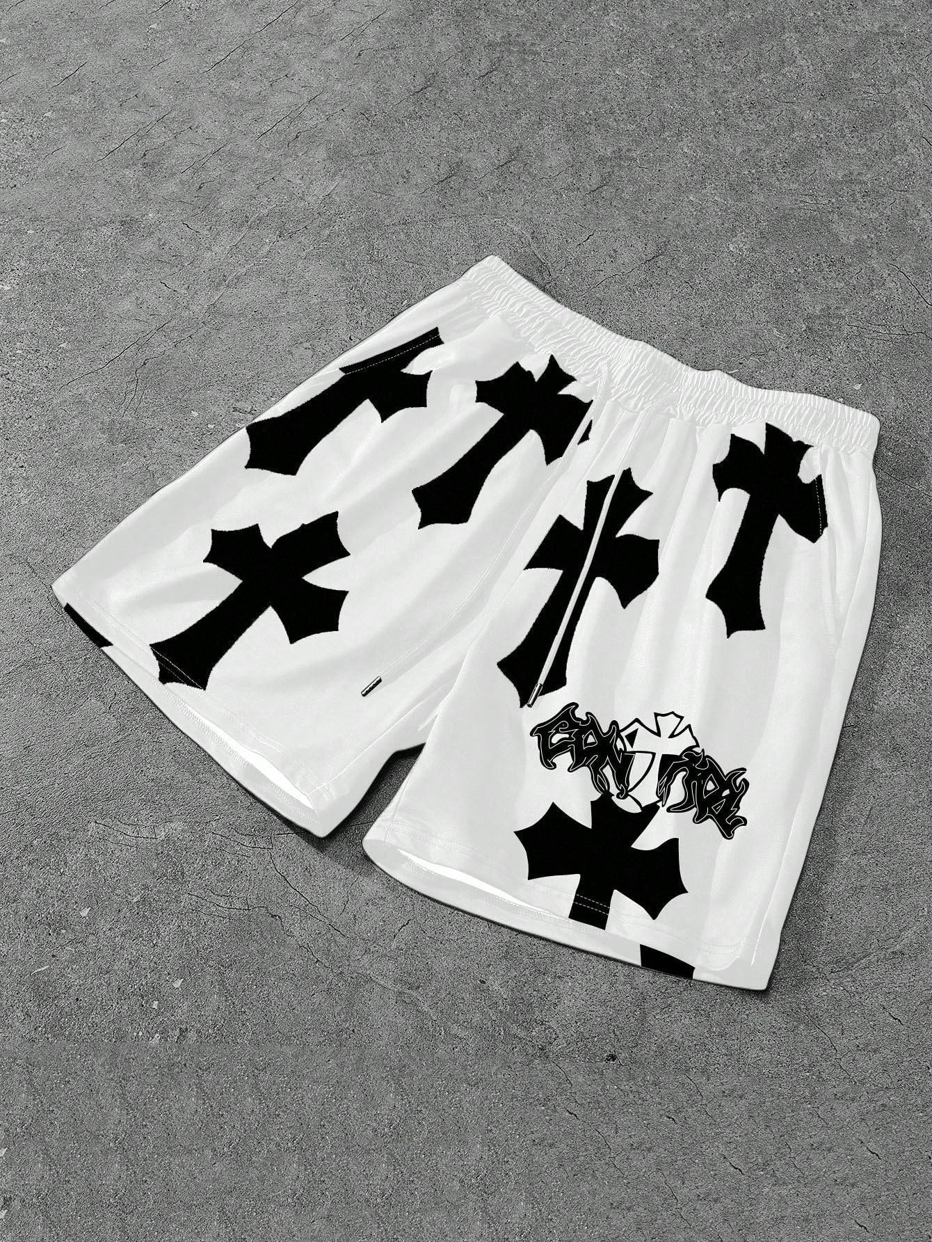 Men's Loose Fit Streetwear Cross Printed Drawstring Shorts