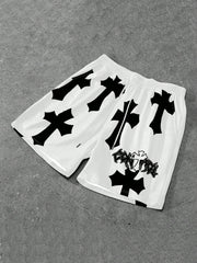 Men's Loose Fit Streetwear Cross Printed Drawstring Shorts