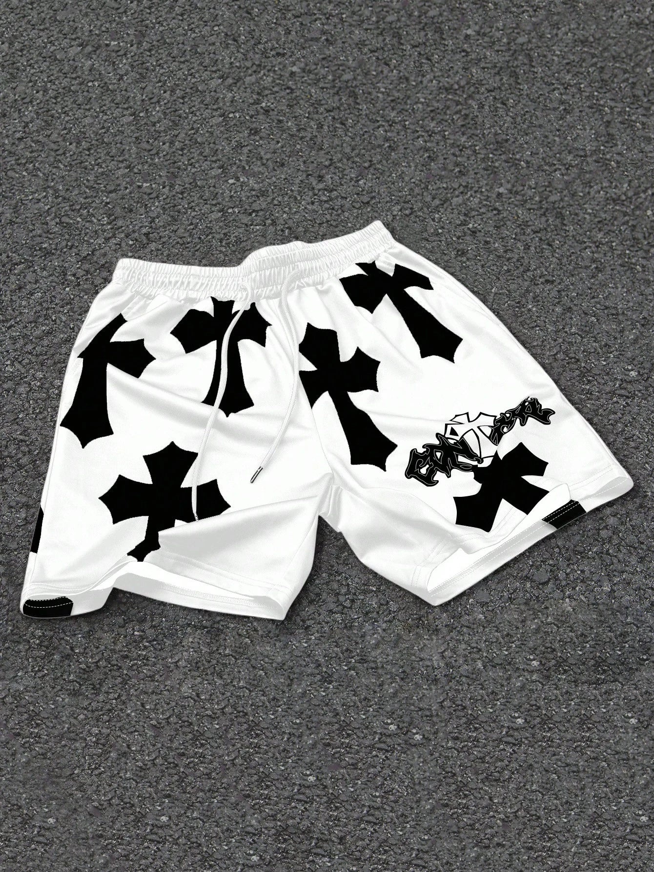 Men's Loose Fit Streetwear Cross Printed Drawstring Shorts