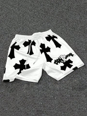 Men's Loose Fit Streetwear Cross Printed Drawstring Shorts