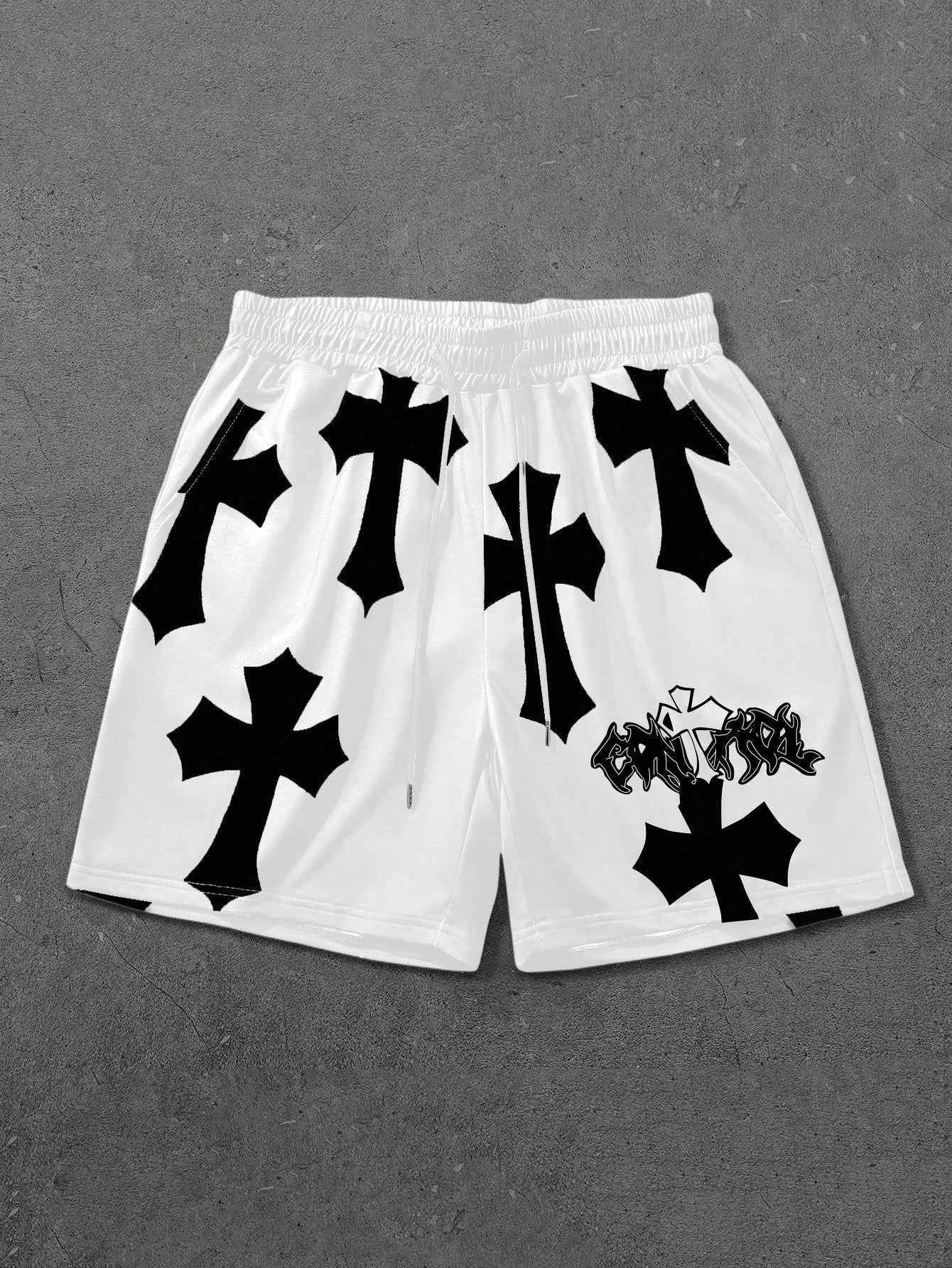 Men's Loose Fit Streetwear Cross Printed Drawstring Shorts