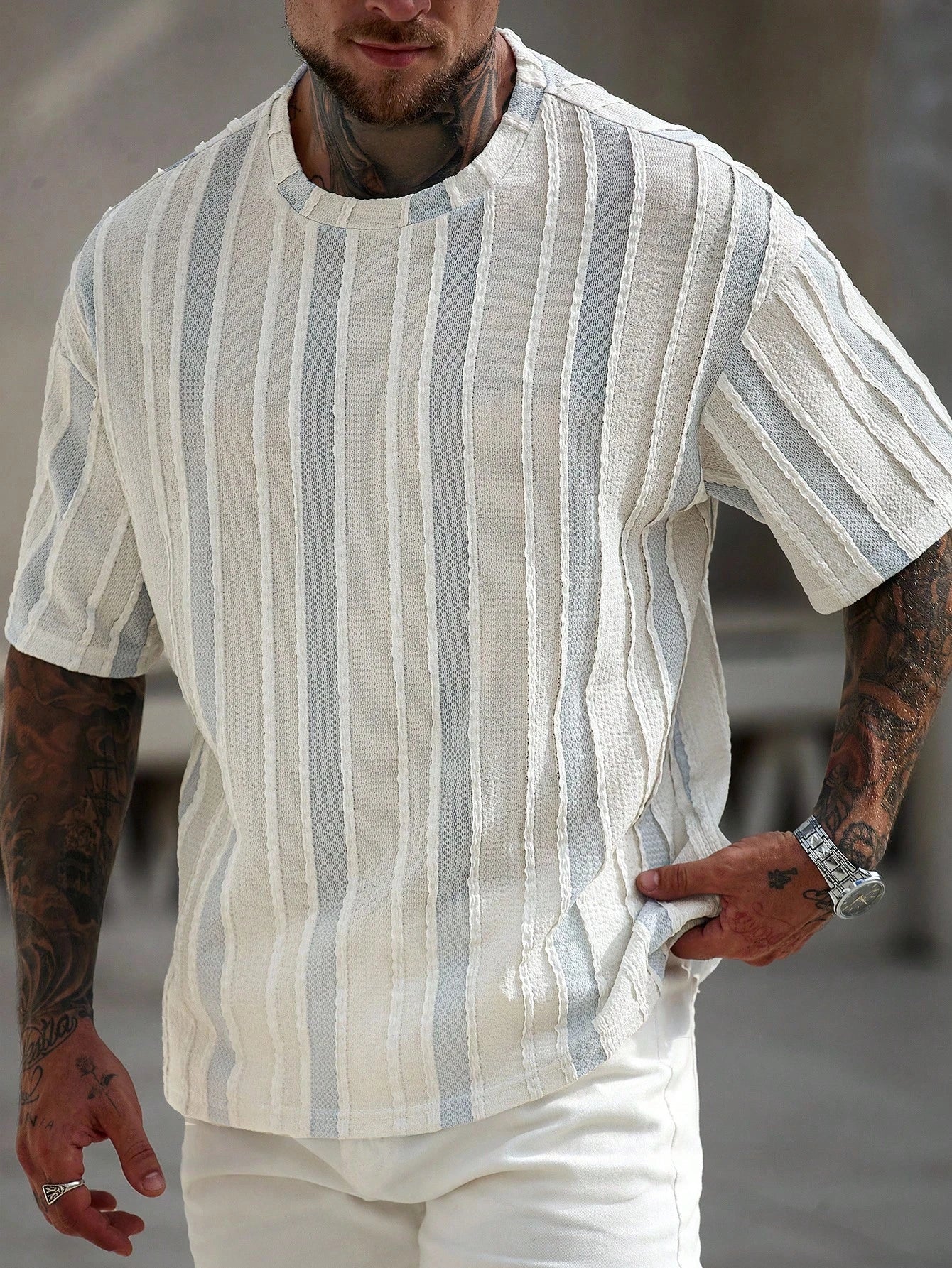 Men's Casual Colorblock Stripe Textured T-Shirt, Summer
