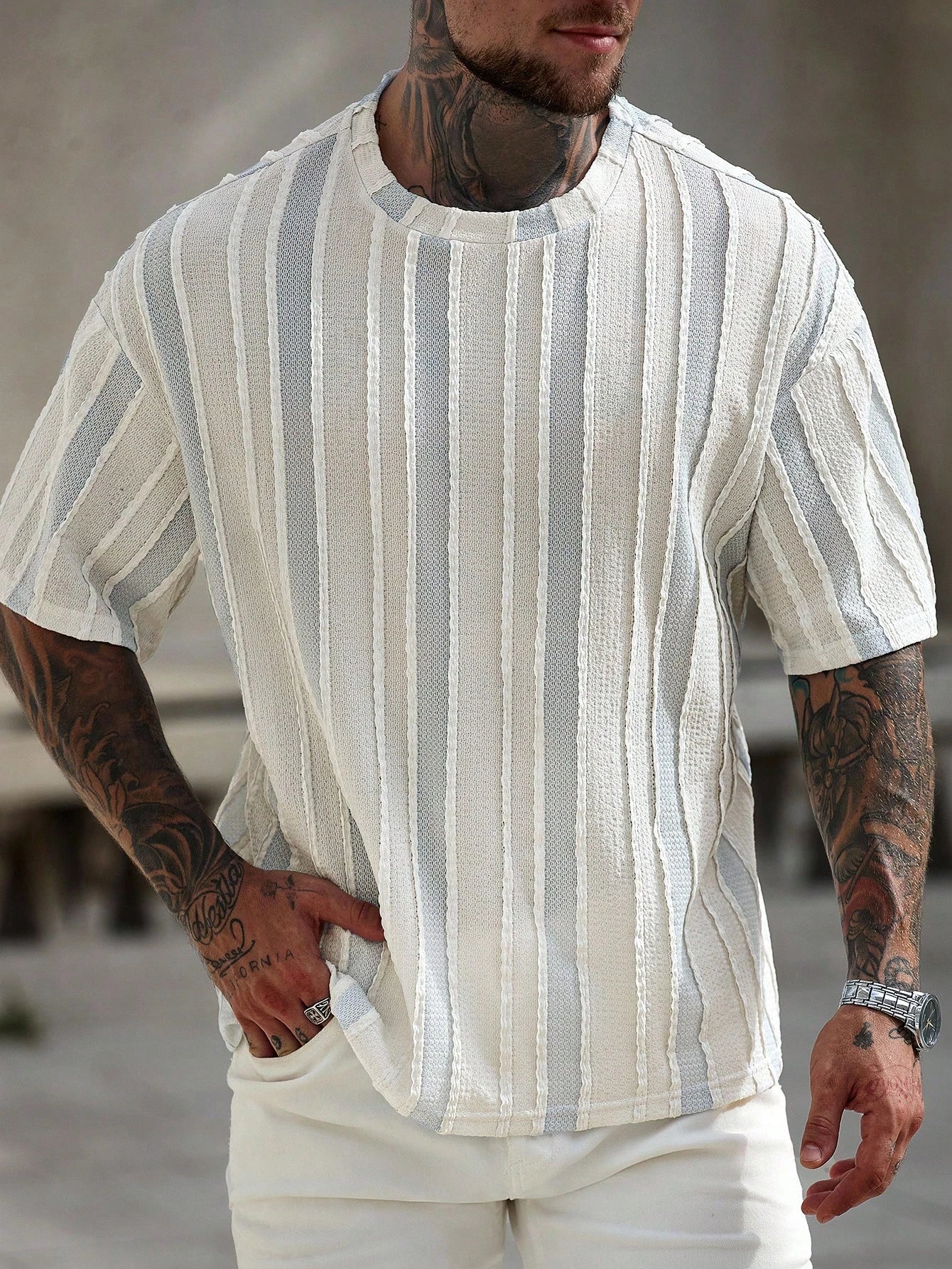 Men's Casual Colorblock Stripe Textured T-Shirt, Summer