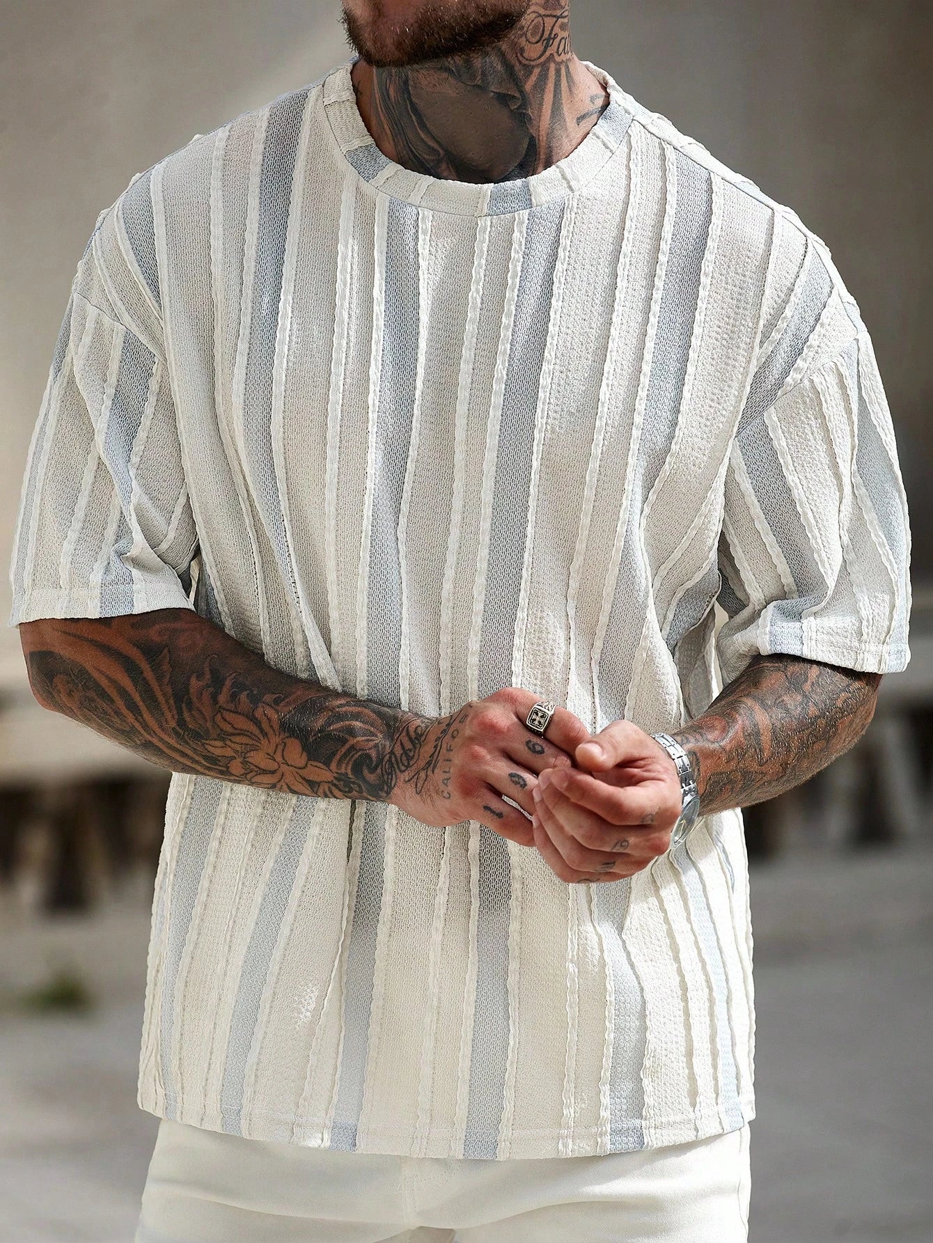 Men's Casual Colorblock Stripe Textured T-Shirt, Summer