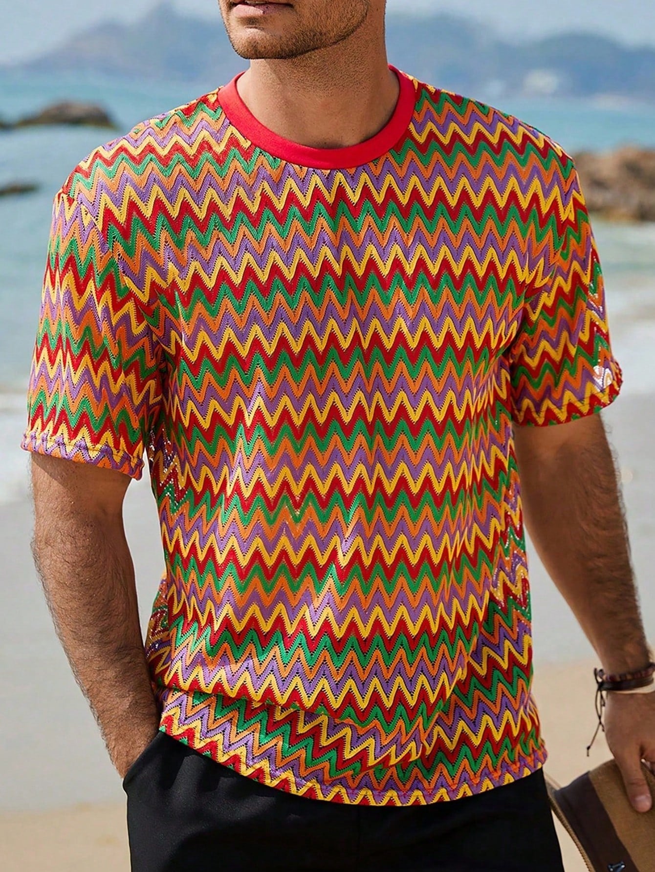 Men's Casual Colorblock Stripe Textured T-Shirt, Summer