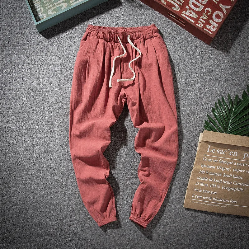 Cotton Linen Harem Pants Men Solid Elastic Waist Streetwear Joggers Baggy Drop-crotch Pants Casual Trousers Men Running