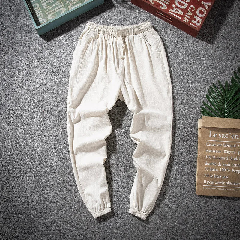 Cotton Linen Harem Pants Men Solid Elastic Waist Streetwear Joggers Baggy Drop-crotch Pants Casual Trousers Men Running