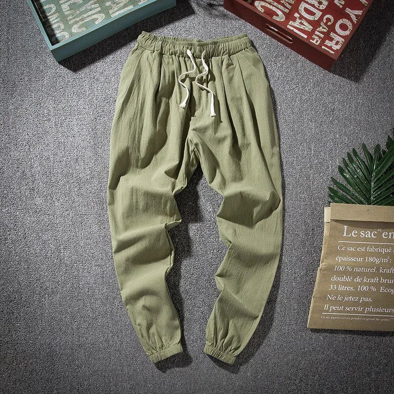 Cotton Linen Harem Pants Men Solid Elastic Waist Streetwear Joggers Baggy Drop-crotch Pants Casual Trousers Men Running