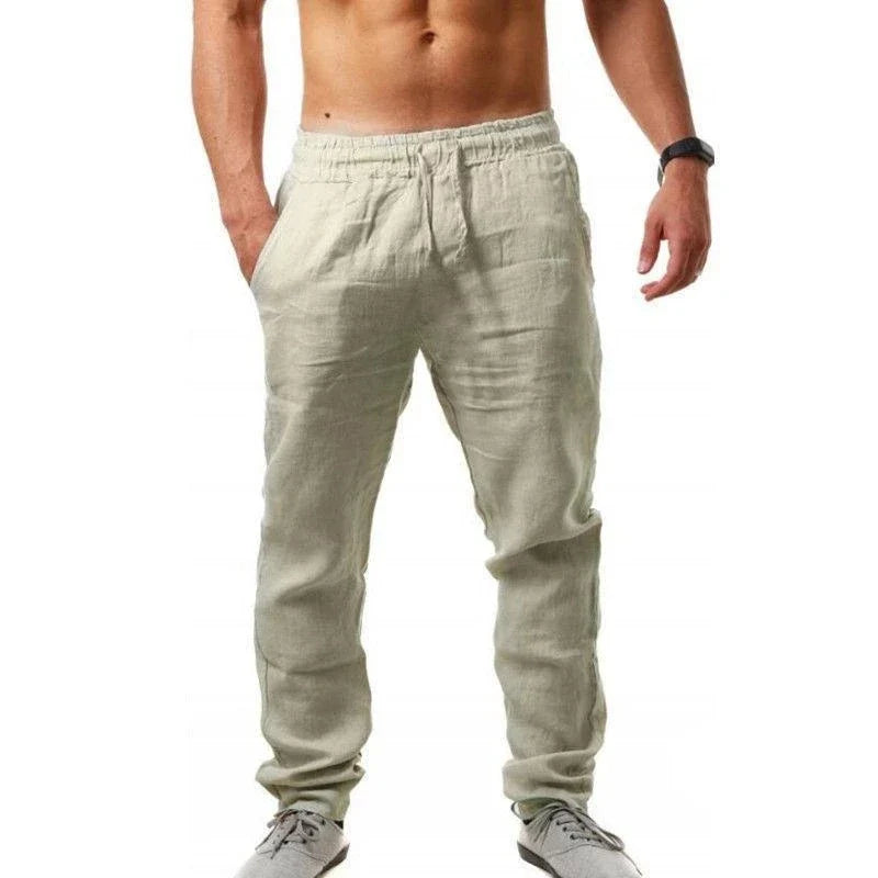 Cotton Linen Harem Pants Men Solid Elastic Waist Streetwear Joggers Baggy Drop-crotch Pants Casual Trousers Men Running