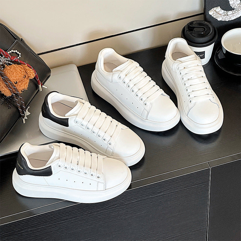 Men's & Women's Layer Cowhide Mcqueen White For Thick Sole Height Increasing Women's Casual Shoes