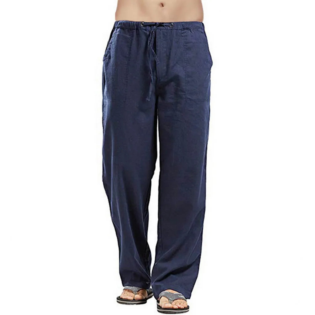 Cotton Linen Harem Pants Men Solid Elastic Waist Streetwear Joggers Baggy Drop-crotch Pants Casual Trousers Men Running