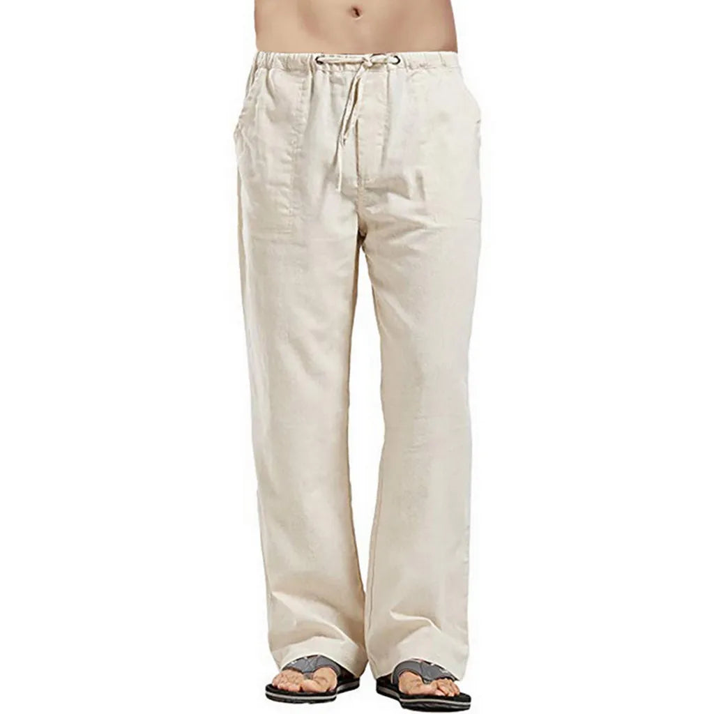 Cotton Linen Harem Pants Men Solid Elastic Waist Streetwear Joggers Baggy Drop-crotch Pants Casual Trousers Men Running