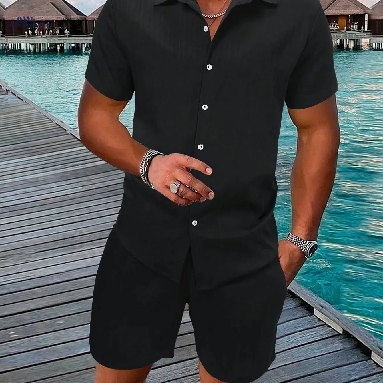 Men's Casual Two-Piece Summer Outfit - Solid Color Shirt & Shorts