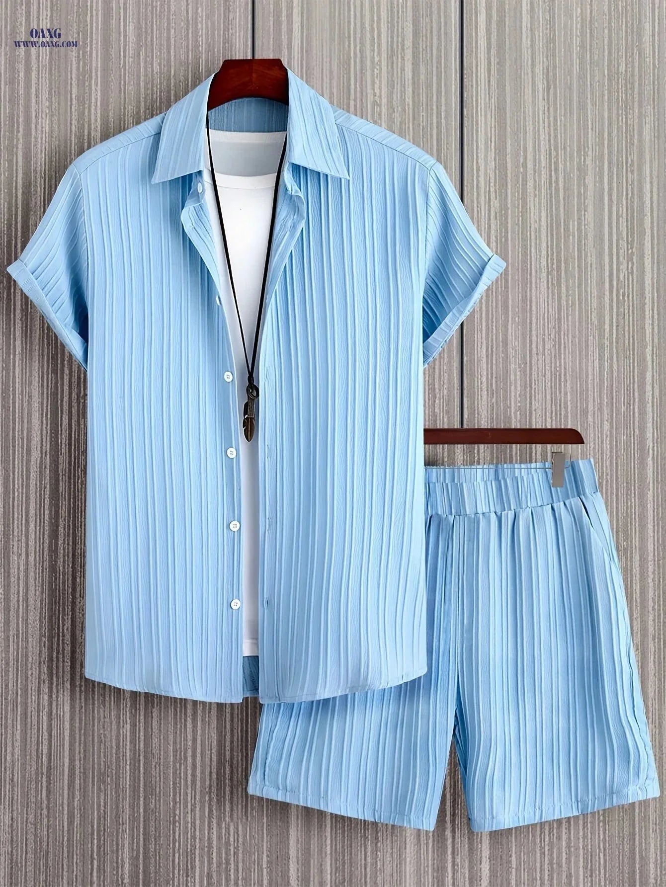 Men's Casual Two-Piece Summer Outfit - Solid Color Shirt & Shorts