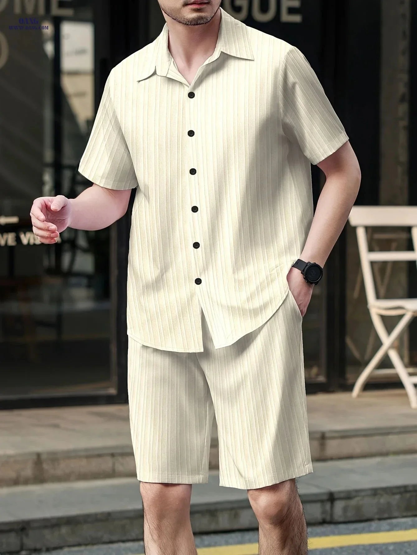 Men's Casual Two-Piece Summer Outfit - Solid Color Shirt & Shorts