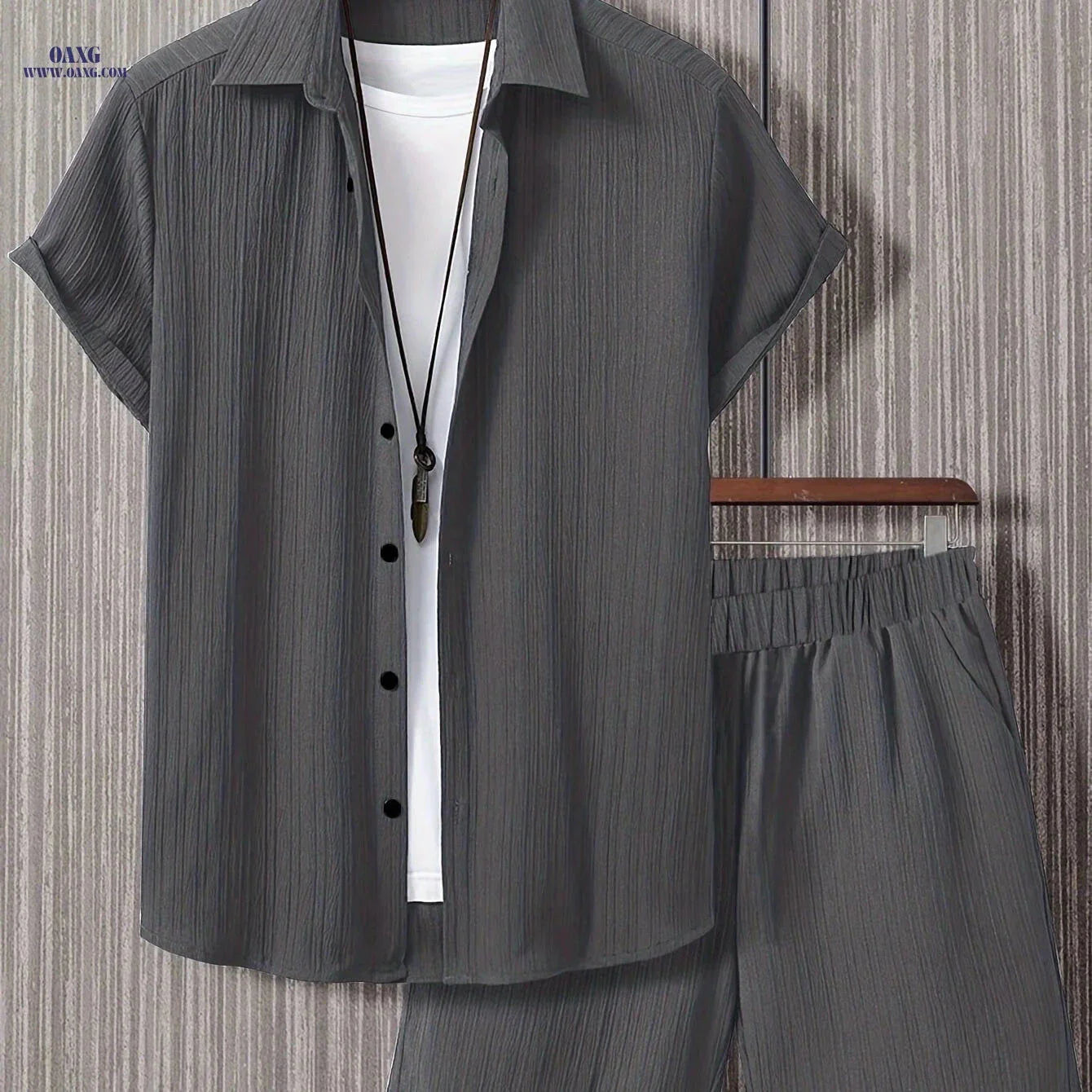 Men's Casual Two-Piece Summer Outfit - Solid Color Shirt & Shorts