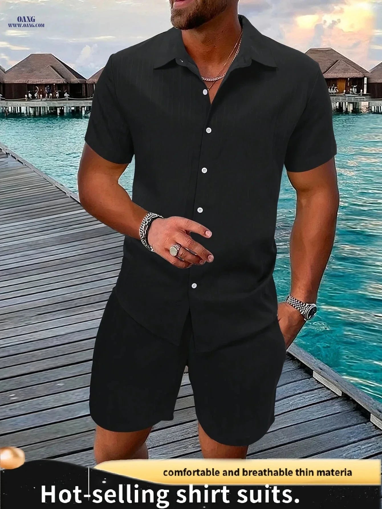 Men's Casual Two-Piece Summer Outfit - Solid Color Shirt & Shorts