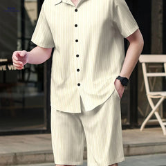 Men's Casual Two-Piece Summer Outfit - Solid Color Shirt & Shorts