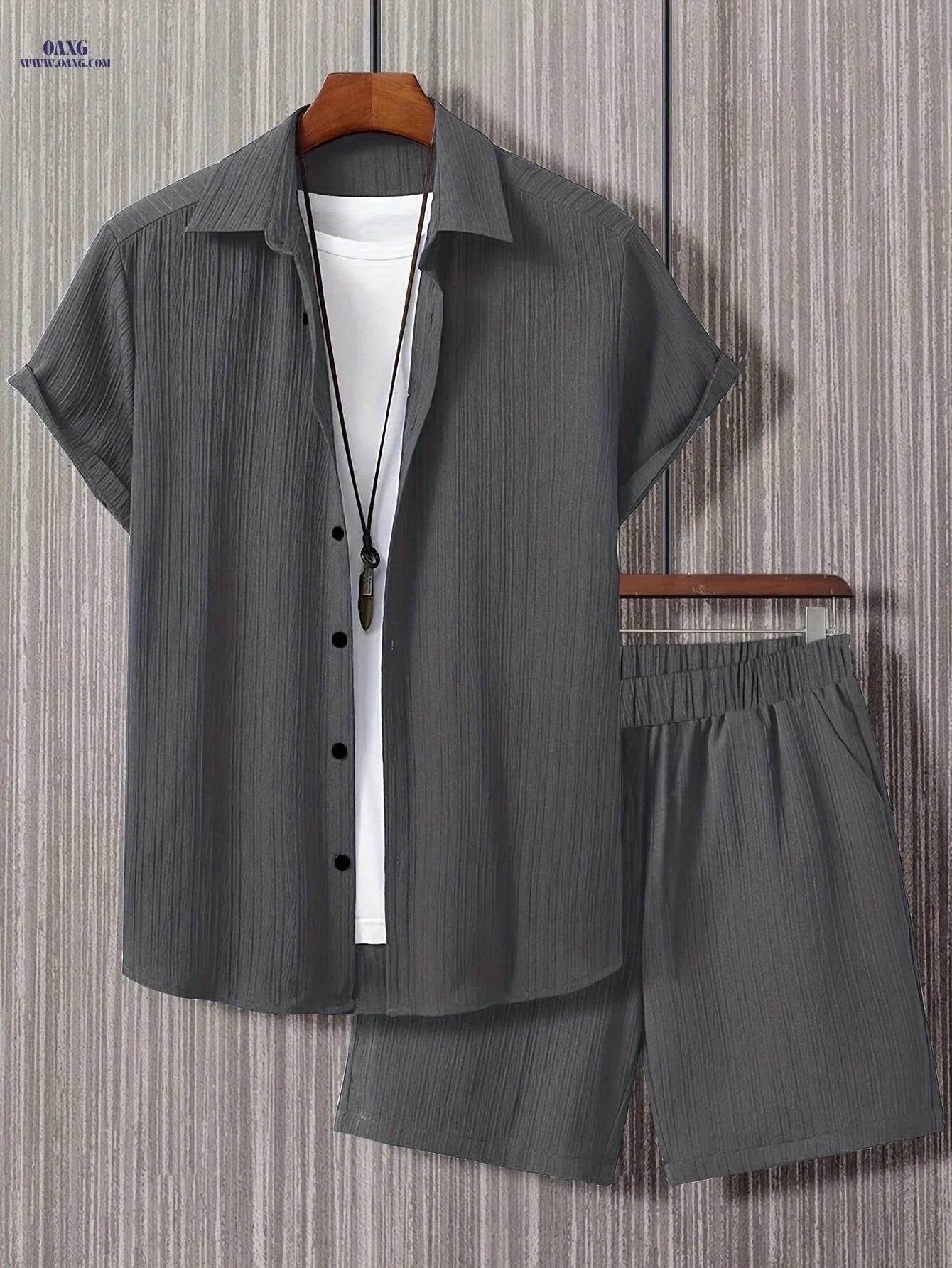 Men's Casual Two-Piece Summer Outfit - Solid Color Shirt & Shorts